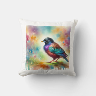 Asian glossy starling 050824AREF145 - Watercolor Cushion
