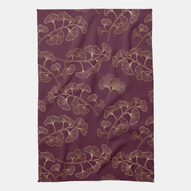 Asian Gold Botanical Pattern Tea Towel (Vertical)