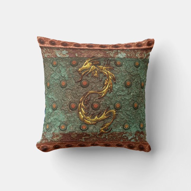 Asian Gold Dragon on Corroded Metal-look Pillow (Front)