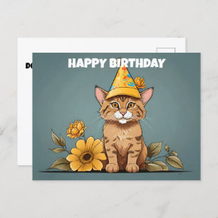 Asian Golden cat wearing birthday hat Postcard