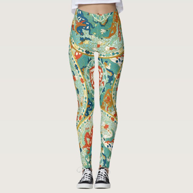 Asian Horse Lime Green and Blue Pattern Leggings (Front)