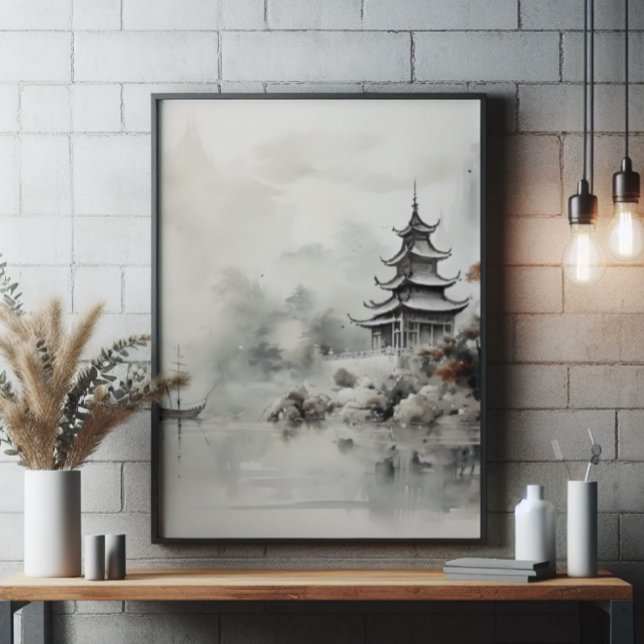 Asian House and Ship Ink Painting Photo Print (Creator Uploaded)