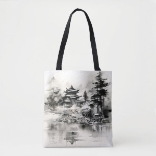 Asian House Ink Painting Tote Bag