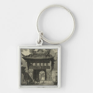 Asian Imperial Temple in Black & White Key Ring