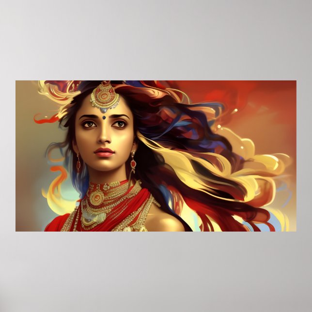 Asian Indian woman colourful red gold Blue Poster (Front)