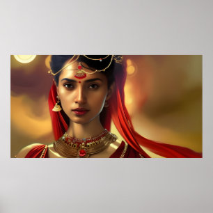 Asian Indian woman colourful red golden Poster