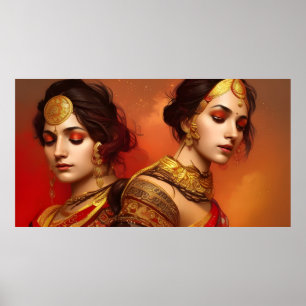 Asian Indian women 2 colourful red golden Poster