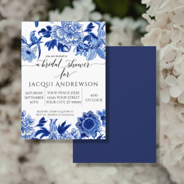 Asian Influence Blue White Floral 2 Bridal Shower Invitation (Creator Uploaded)
