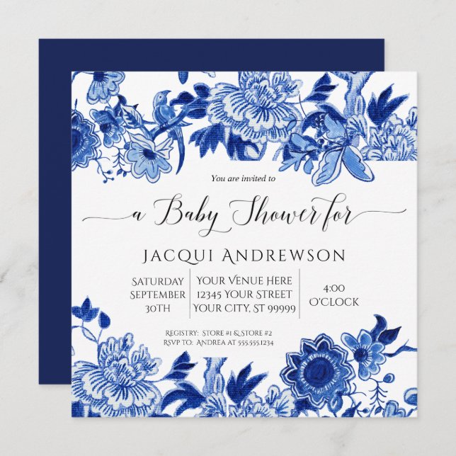 Asian Influence Blue White Floral Baby Shower Invitation (Front/Back)