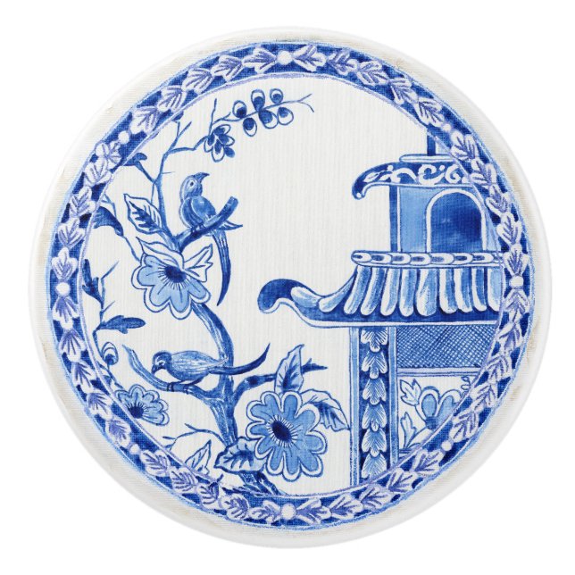Asian Influence Blue White Floral Bird and Pagoda Ceramic Knob (Front)