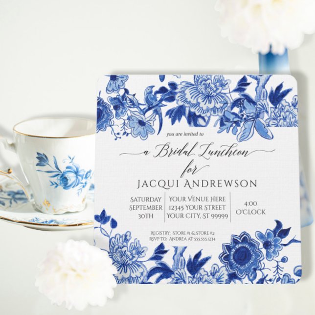 Asian Influence Blue White Floral Bridal Luncheon Invitation (Creator Uploaded)