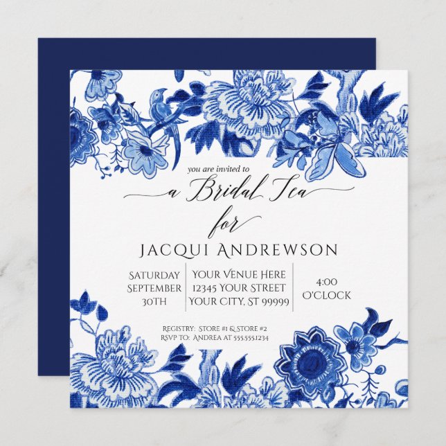Asian Influence Blue White Floral | Bridal Tea Invitation (Front/Back)