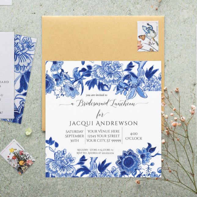 Asian Influence Blue White Floral Bridesmaid Invitation (Creator Uploaded)