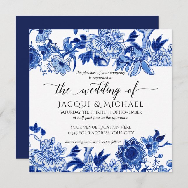 Asian Influence Blue White Floral Wedding Artwork Invitation (Front/Back)
