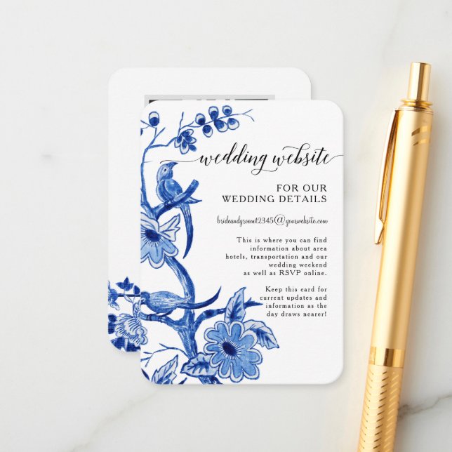 Asian Influence Chinoiserie Blue White QR Details Enclosure Card (Front/Back In Situ)