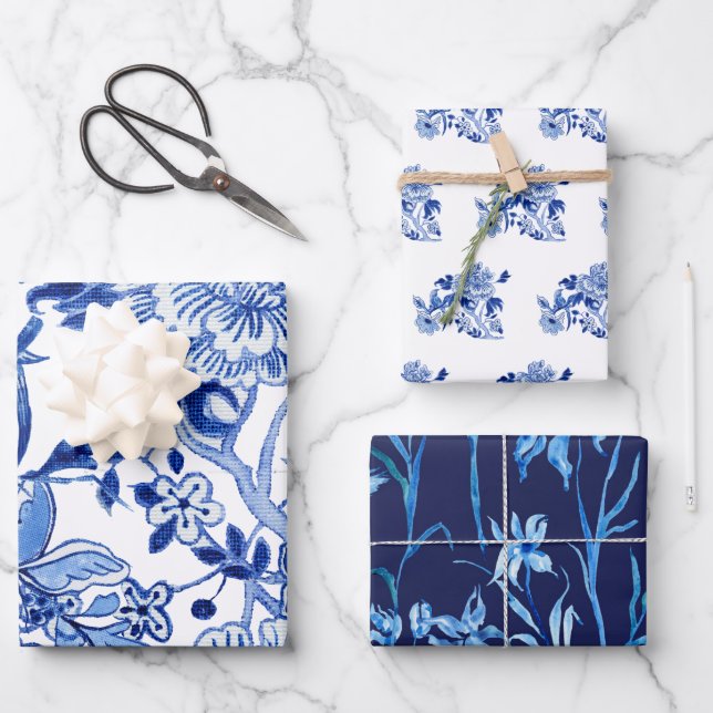 Asian Influence Chinoiserie Navy Blue White Floral Wrapping Paper Sheet (Front)
