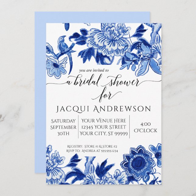 Asian Influence Light Blue Floral 3 Bridal Shower Invitation (Front/Back)