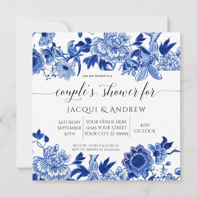Asian Influence Light Blue Floral Couples Shower Invitation (Front)