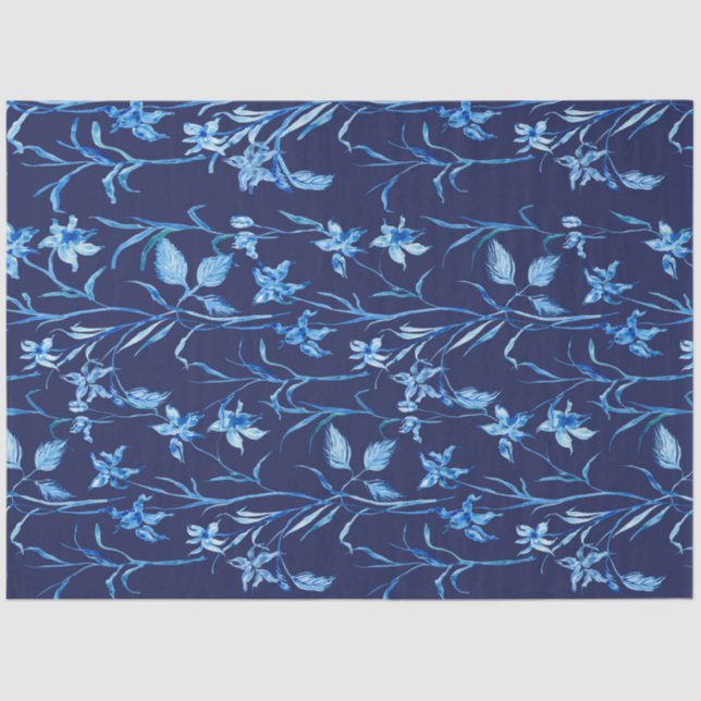 Asian Influence Navy Blue Iris Floral Decoupage Tissue Paper (Front)