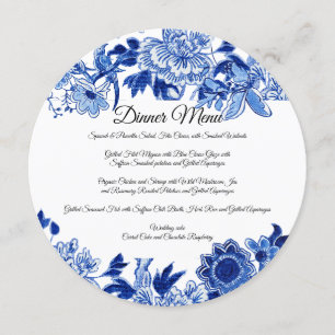 Asian Influence White Blue Floral Dinner Menu Invitation