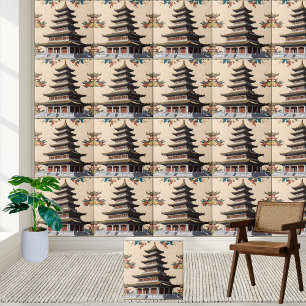 Asian-Inspired Floral Temple Chinoiserie Pagoda  Tile