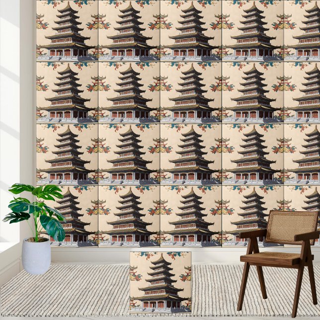 Asian-Inspired Floral Temple Chinoiserie Pagoda  Tile (Asian-Inspired Floral Temple Chinoiserie Pagoda Ceramic Tile)