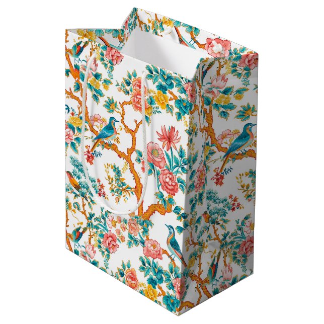 Asian-Inspired Patterns, Colourful Flowers Birds Medium Gift Bag (Back Angled)