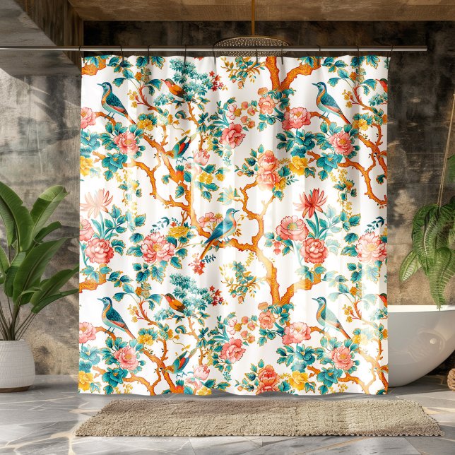 Asian-Inspired Patterns, Colourful Flowers Birds Shower Curtain (Creator Uploaded)