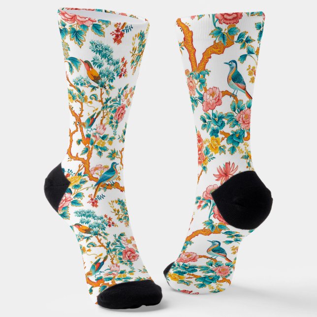 Asian-Inspired Patterns, Colourful Flowers Birds Socks (Angled)