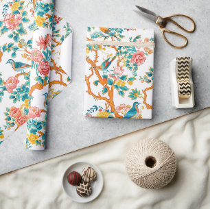 Asian-Inspired Patterns, Colourful Flowers Birds Wrapping Paper