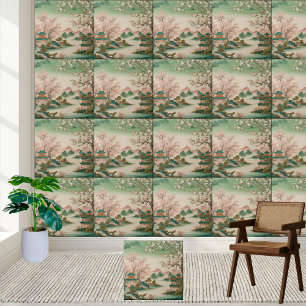 Asian Inspired Scenic Landscape Chinoiserie Garden Tile