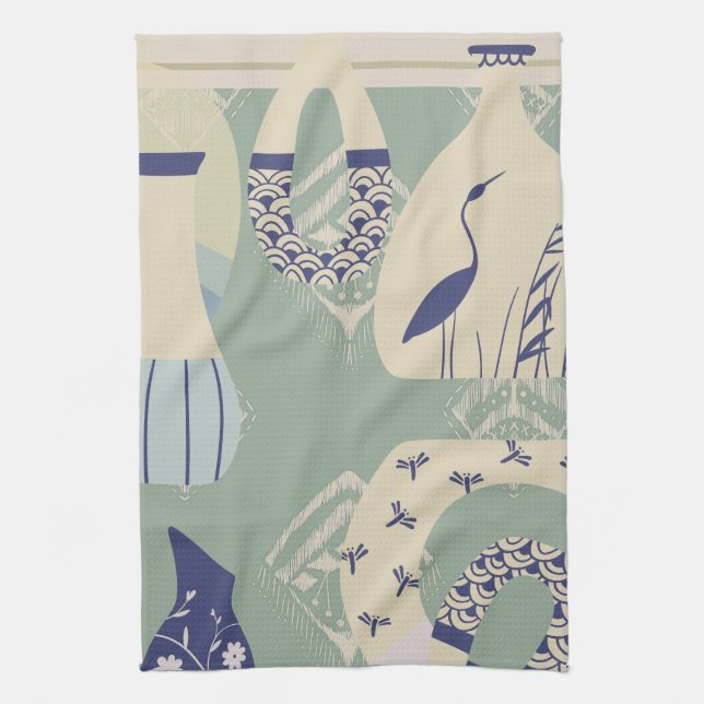 Asian Inspired Tranquil Pottery, Pelican  Tea Towel (Vertical)