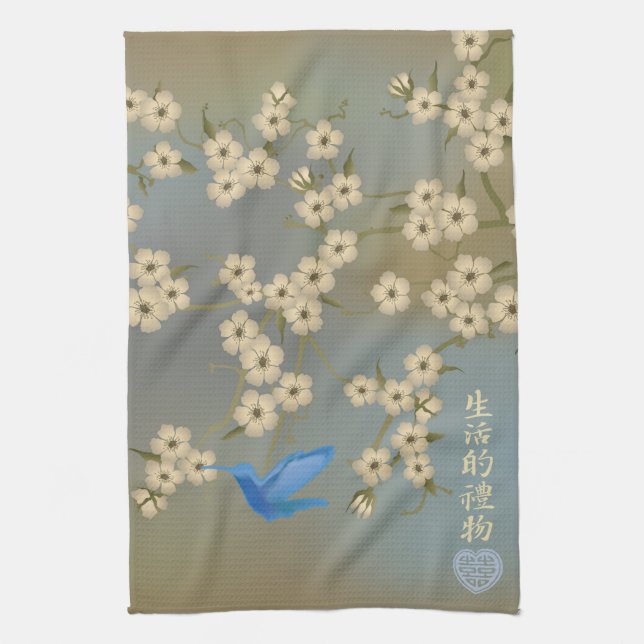 Asian Ivory blossom blue bird "Gift of life" Tea Towel (Vertical)
