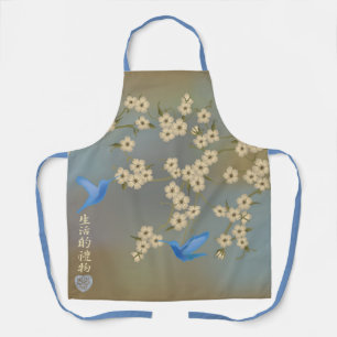 Asian Ivory blossom blue birds "Gift of life" Apron