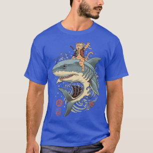 Asian Japan Samurai Cat Ridding A Shark Vintage Re T-Shirt