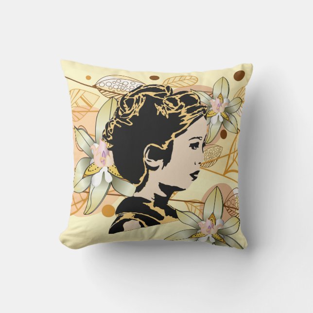 Asian Lady and Autumn Fall Leaves Pillow (Front)