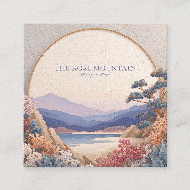 Asian Landscape Pink Blue Floral Round Gold Frame Square Business Card (Front)