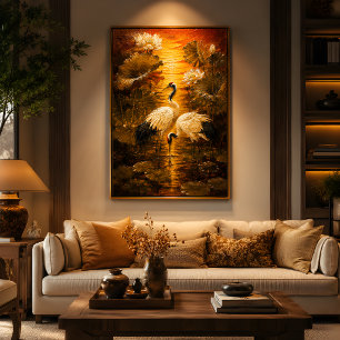 Asian Love & Peace Lotus Cranes Oil Painting Poster