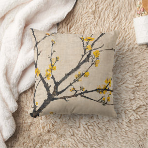 Asian Minimalist Yellow Blossom Branch Cushion