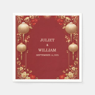 Asian Modern Floral Chinese Bilingual Wedding Napkin