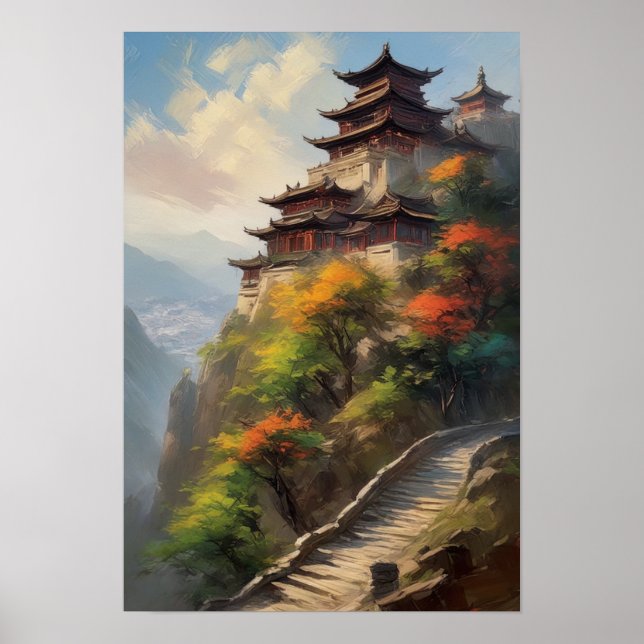 Asian Monastery Overlooking Colourful Valley Poster (Front)