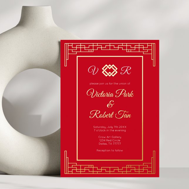 Asian Monogram Red Gold Foil Wedding Invitation (Creator Uploaded)