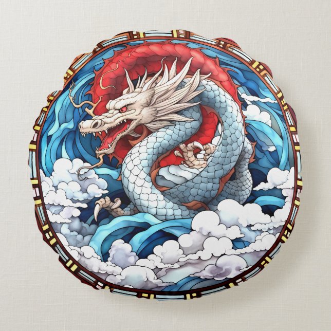 Asian Mythical Dragon in Red and Blue Round Cushion (Front)