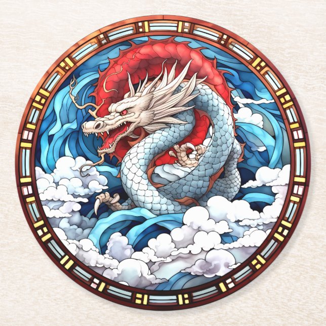 Asian Mythical Dragon in Red and Blue Round Paper Coaster (Front)