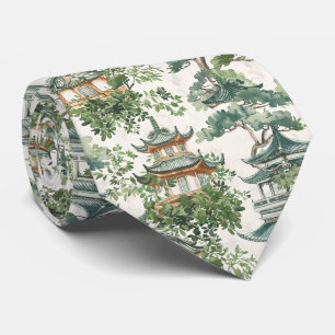 Asian Pagoda Lush Botanical Forest Tie