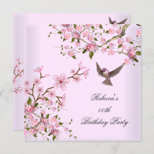 Asian Pink Blossom Birthday Party Flowers Bird Invitation