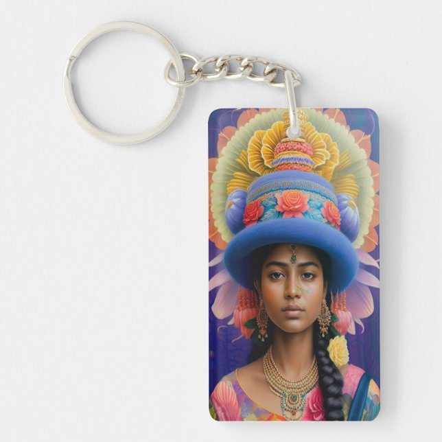Asian princess with big blue hat key ring (Front)
