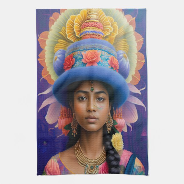 Asian princess with big blue hat tea towel (Vertical)