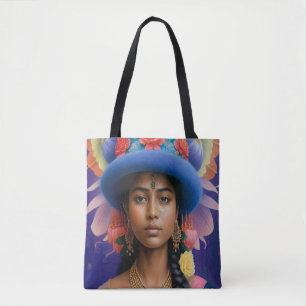 Asian princess with big blue hat tote bag
