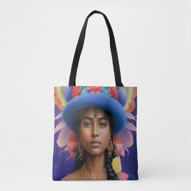 Asian princess with big blue hat tote bag (Front)